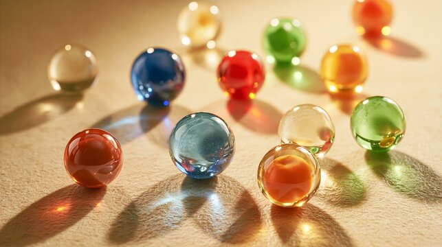 Colorful glass marbles scattered on a textured surface in warm sunlight