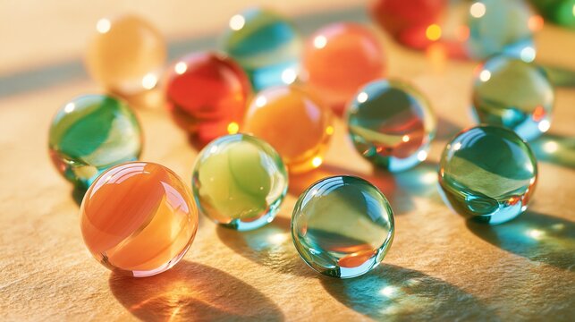 Colorful glass marbles spread out on a wooden surface in warm sunlight