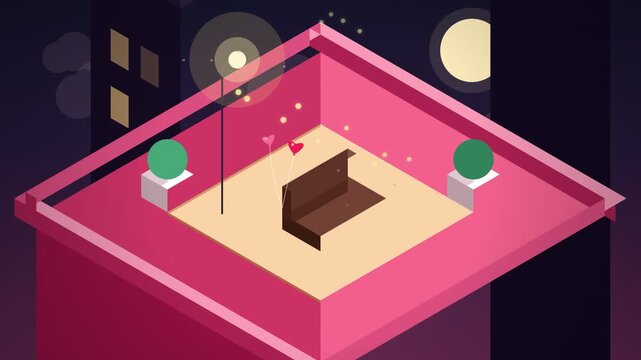 Isometric Rooftop Romance Romantic Setting with Heart Balloons at Night