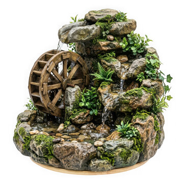 Small decorative water fountain with a wooden water wheel and mossy rocks isolated on transparent background