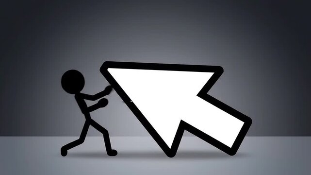 2D stick figure pushing giant white mouse cursor pointer motion graphics on grey background