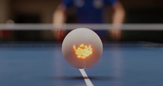 White ping pong ball hovering over blue table.