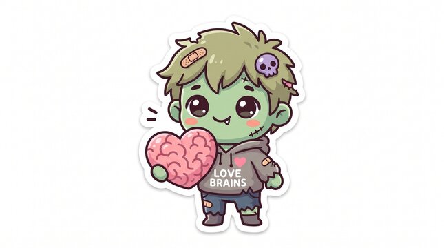 Chibi Zombie Holding a Heart-Shaped Brain Sticker Illustration &ndash; Cute Halloween Character