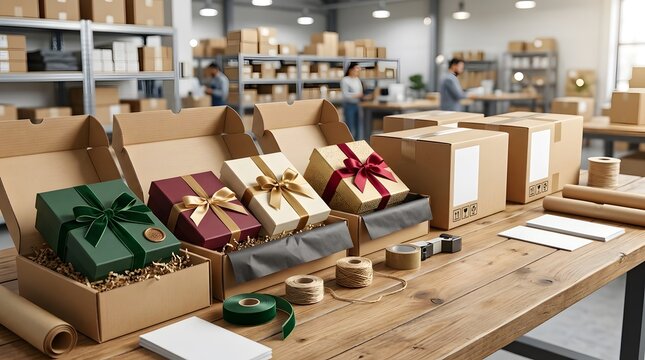 Gift wrapping and shipping service in a professional warehouse.