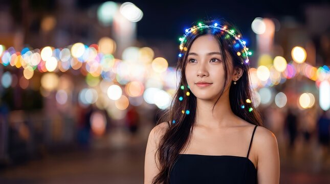 Preciosa joven con corona de luces LED brillantes y vestido de tirantes negro sobre un fondo borroso de luces centelleantes, noche, artificial, feliz