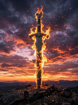 Powerful broadsword engulfed in vivid flames stands upright against a dramatic, cloudy sunset sky with sparks flying, battle, sparks, iconic