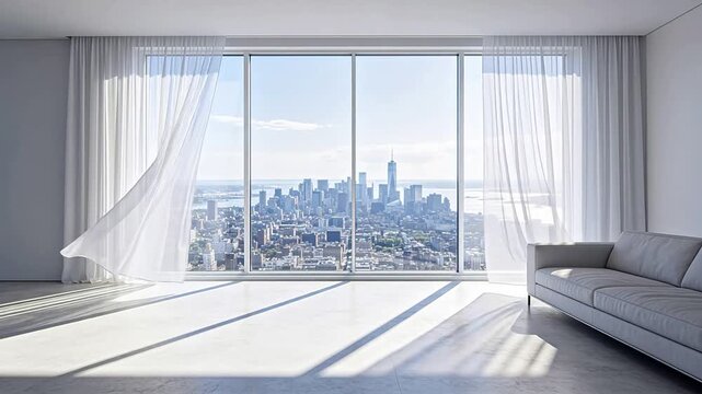 Modern living room with large floor to ceiling windows overlooking a city skyline