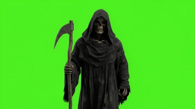Terrifying Cinematic 4K Grim Reaper Death Character Holding a Scythe on Green Screen Background for Horror Movie Compositing and VFX