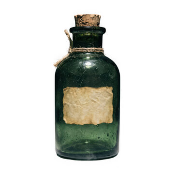 Vintage green glass bottle with cork stopper and blank label isolated on transparent background