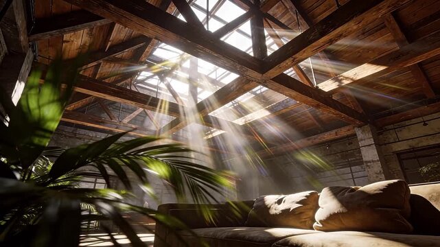 Abandoned building interior with wooden beams sofa and green plants
