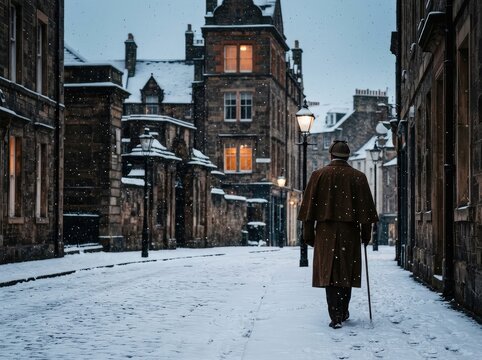 Sherlock Holmes walks through a snowy cityscape. His deerstalker hat and trench coat protect him from the falling snow as he investigates, freezing, landscape, urban