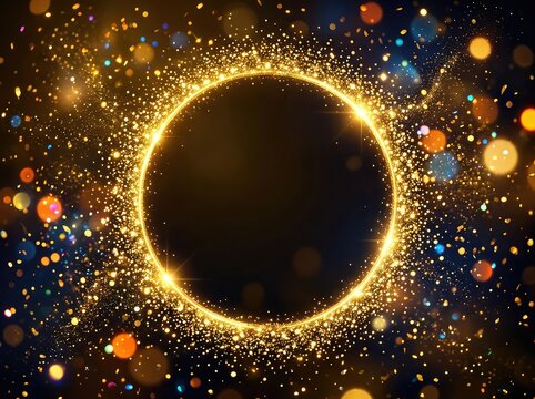 Shiny golden glitter particle circular frame background with sparkling confetti, bokeh lights, dust, and magic glow effects for dynamic design, sparkle border, elegant, confetti