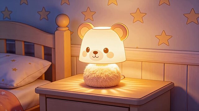 Cute cartoon bear lamp on bedside table in cozy childs bedroom
