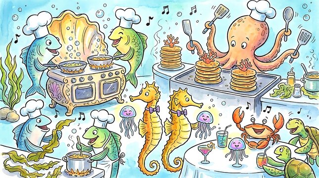 A humorous cartoon scene showing sea creatures working in a busy restaurant kitchen preparing delicious meals for customers as cheerful fish and seahorses participate in a lively dining