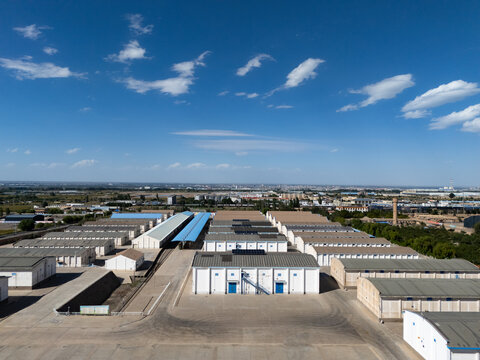 Panoramic view of industrial park under blue sky