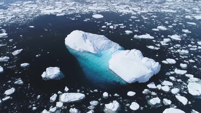 Aerial top down view of iceberg floating surrounded by sea ice floes turquoise ocean stock video