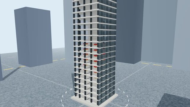 3D simulation of a high-rise building undergoing a precision controlled implosion with text overlays explaining the explosive sequence and structural collapse
