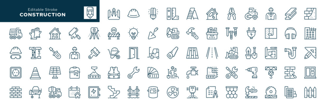 Construction. Set of outline icons. Labor, industry, home repair, construction equipment and tools. Line icon in linear style. Vector collection