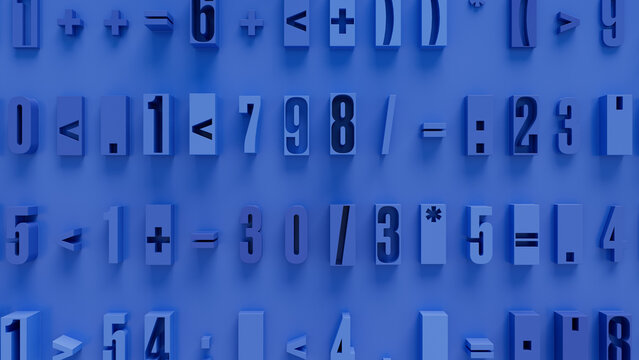 High-Detail 3D Blue Mathematical Symbols and Numbers in Random Arrangement on Light Blue Background, Realistic Visual for Software Development, Data Analysis, and Educational Projects