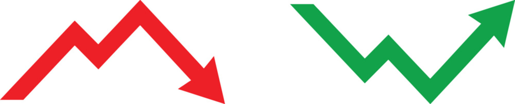 Red down arrow and green up arrow symbols representing financial market trends and business growth