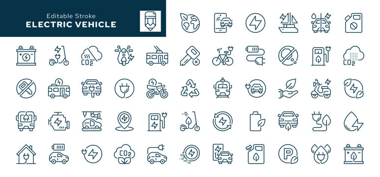 Electric vehicle. Set of outline icons. Eco-friendly transport. Electric car, bus, e-bike, electric scooter, motorcycle, charging station and battery. Line icon in linear style. Vector collection