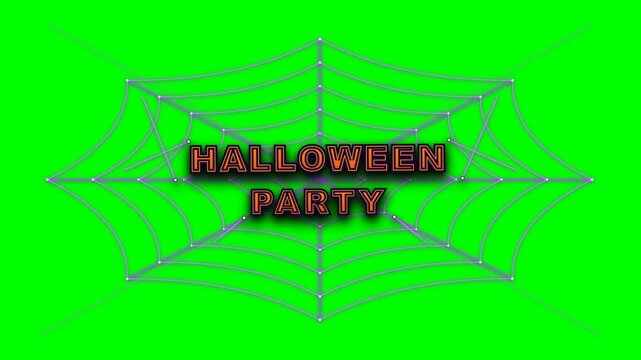 A spooky 2D animation on a solid green screen (#00FF00) background. Features corrected 'HALLOWEEN PARTY' text centered on a glowing purple spider web that vibrates and stretches in a seamless loop.