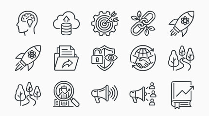 Fototapeta premium Technology and business linear outline icons set for digital concepts