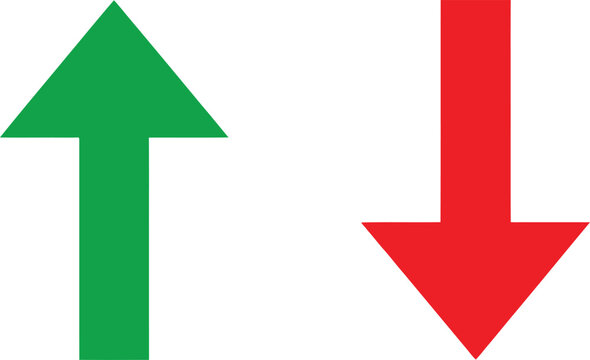 Green arrow pointing up and red arrow pointing down isolated on white background