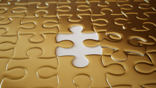 Close up of Gold and White Jigsaw Puzzle Wallpaper focusing on the last piece to go into place. Closure Concept.