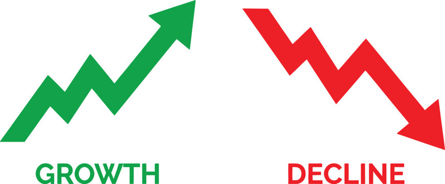 Green growth arrow going up and red decline arrow going down isolated on white background