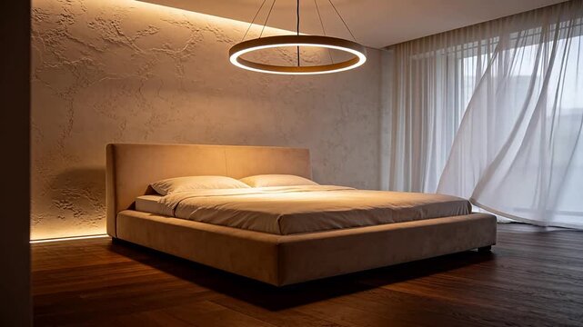 Stylish bedroom interior with upholstered bed and modern ring chandelier lighting