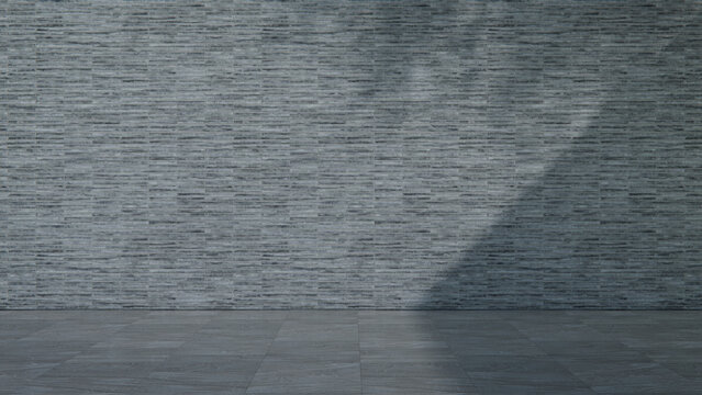 Empty External Area Sidewalk with Grey Brick Wall and Tiled Floor in Warm Sunlight. Architecture Concept with copy-space.