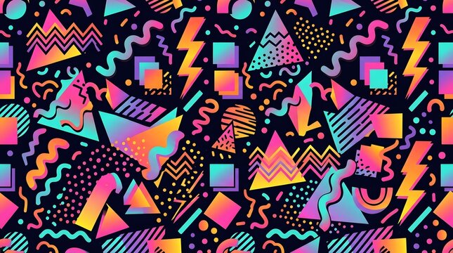 A vibrant seamless pattern featuring a variety of geometric shapes and bright colors evoking the bold aesthetic of the nineteen eighties