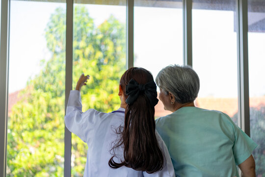 Doctor pointing to garden view beside senior woman patient