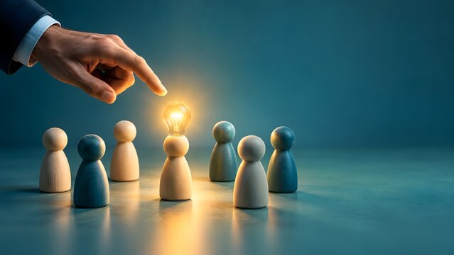 Hand pointing at a glowing light bulb atop a wooden figurine symbolizing inspiration innovation and idea generation among a group of figures