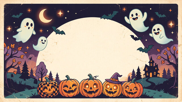 Cute Halloween Night Background with Ghosts and Pumpkins