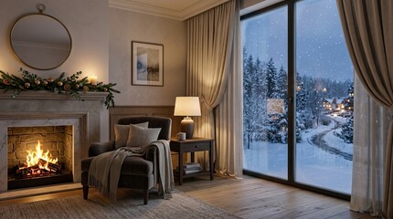 Obraz premium Cozy hotel suite with fireplace and snowy winter landscape view armchair