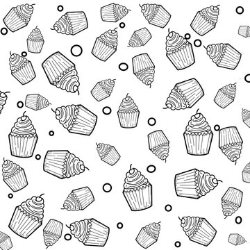 Seamless cupcake line art pattern black and white hand drawn bakery background