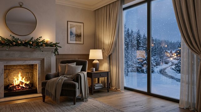 Cozy hotel suite with fireplace and snowy winter landscape view armchair