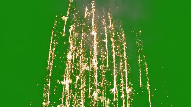 Realistic firework exploding with golden sparks raining down. Abstract glitter particles create a celebratory effect on a green screen
