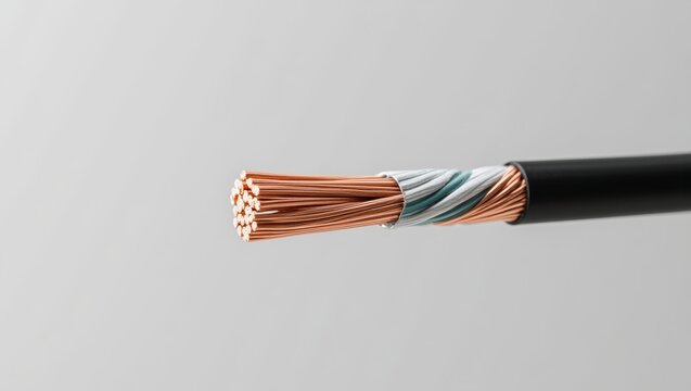 Stripped electrical power cable with exposed copper wires and insulating layers, showing internal structure and conductivity