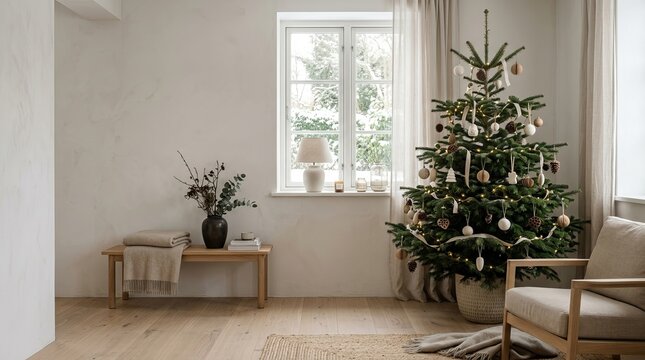 Minimalist scandinavian christmas tree in a bright, airy room interior d