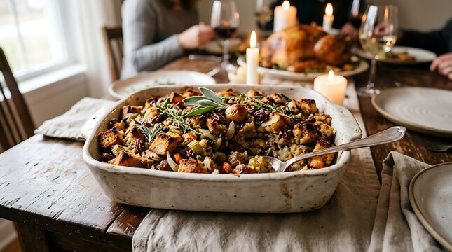 Delicious Thanksgiving stuffing in a ceramic dish on a rustic wooden table with roasted turkey and festive candles for a family holiday dinner