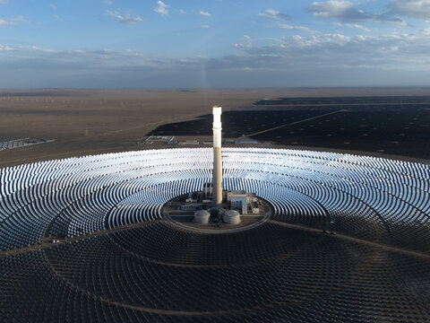 Aerial view of tower solar thermal power station
