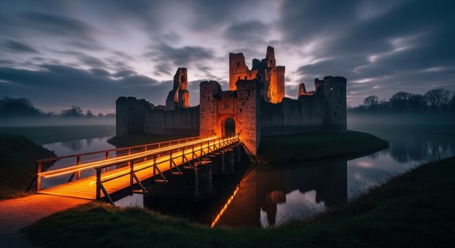 Ruined medieval castle with glowing bridge at night under a dramatic cloudy sky