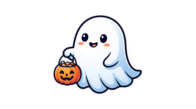 Cute chubby ghost sticker holding pumpkin bucket on white background