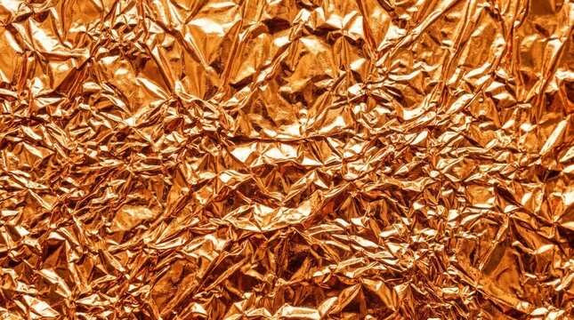 A close-up shot of crumpled, shiny gold foil creates a textured surface. The foil is tightly folded and layered, producing a complex pattern of ridges and valleys.