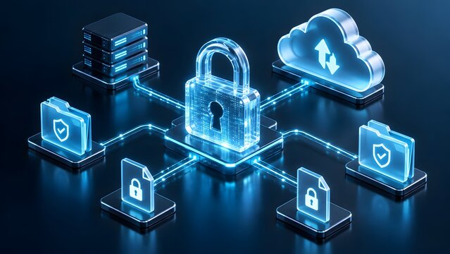 Glowing digital padlock connected to cloud storage server and encrypted folders representing secure network data transfer and cyber security