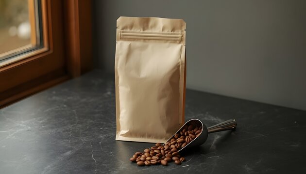 A professional product photograph of a single minimalist matte-beige coffee bean bag 