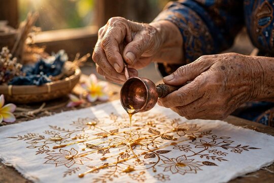 Eldery Hands Pouring Hot Golden Wax with canting for Batik Tulis